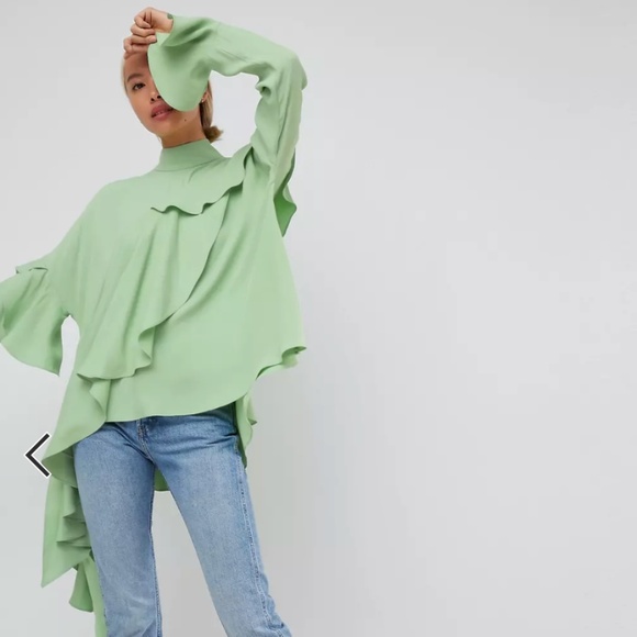 Pastel green long sleeve cascade mock neck top - Picture 2 of 16